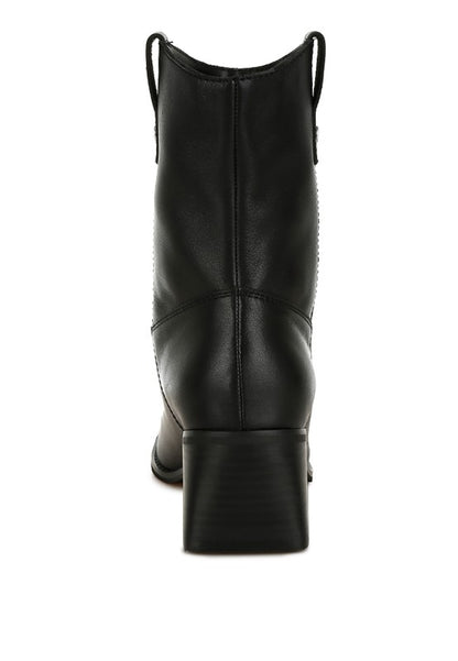 Rear of Iliad Leather Ankle Boots with seam detail and pull tabs above flared heel.