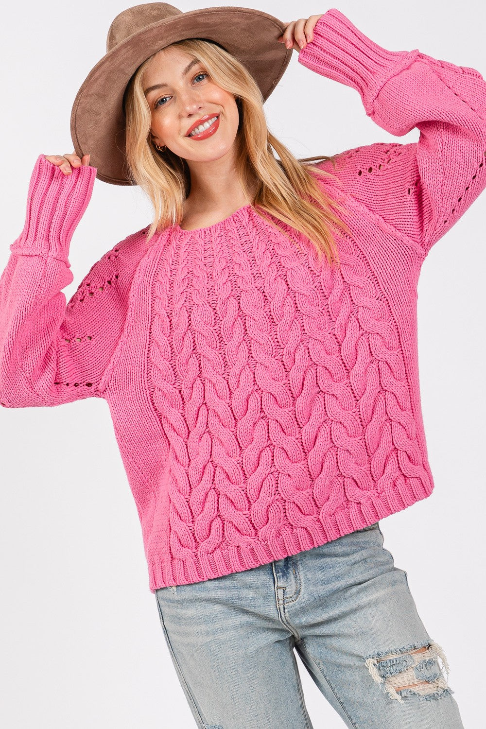 Amelia Cable-Knit Long Sleeve Sweater In Deep Pink