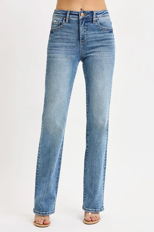 Front view of Reese RISEN medium wash jeans with high-rise tummy control waist and straight leg cut.