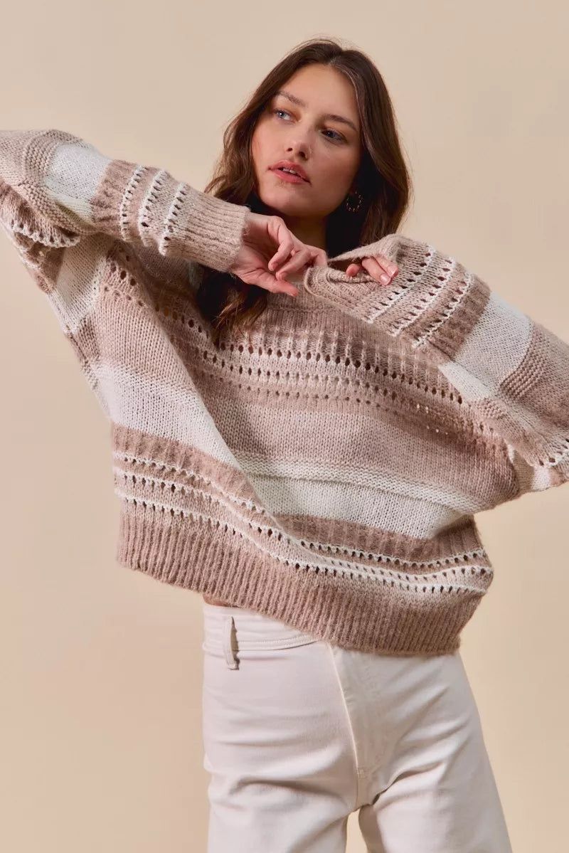 Bina Variegated Stripe Textured Loose Fit Sweater showcasing taupe color palette.