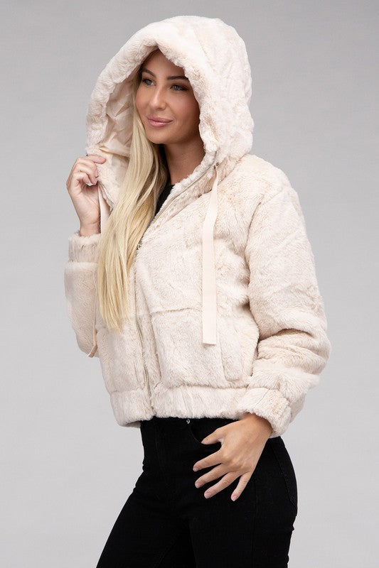 Cropped taupe zip-up fluffy teddy hoodie with a drawstring hood, long sleeves, and front pockets.