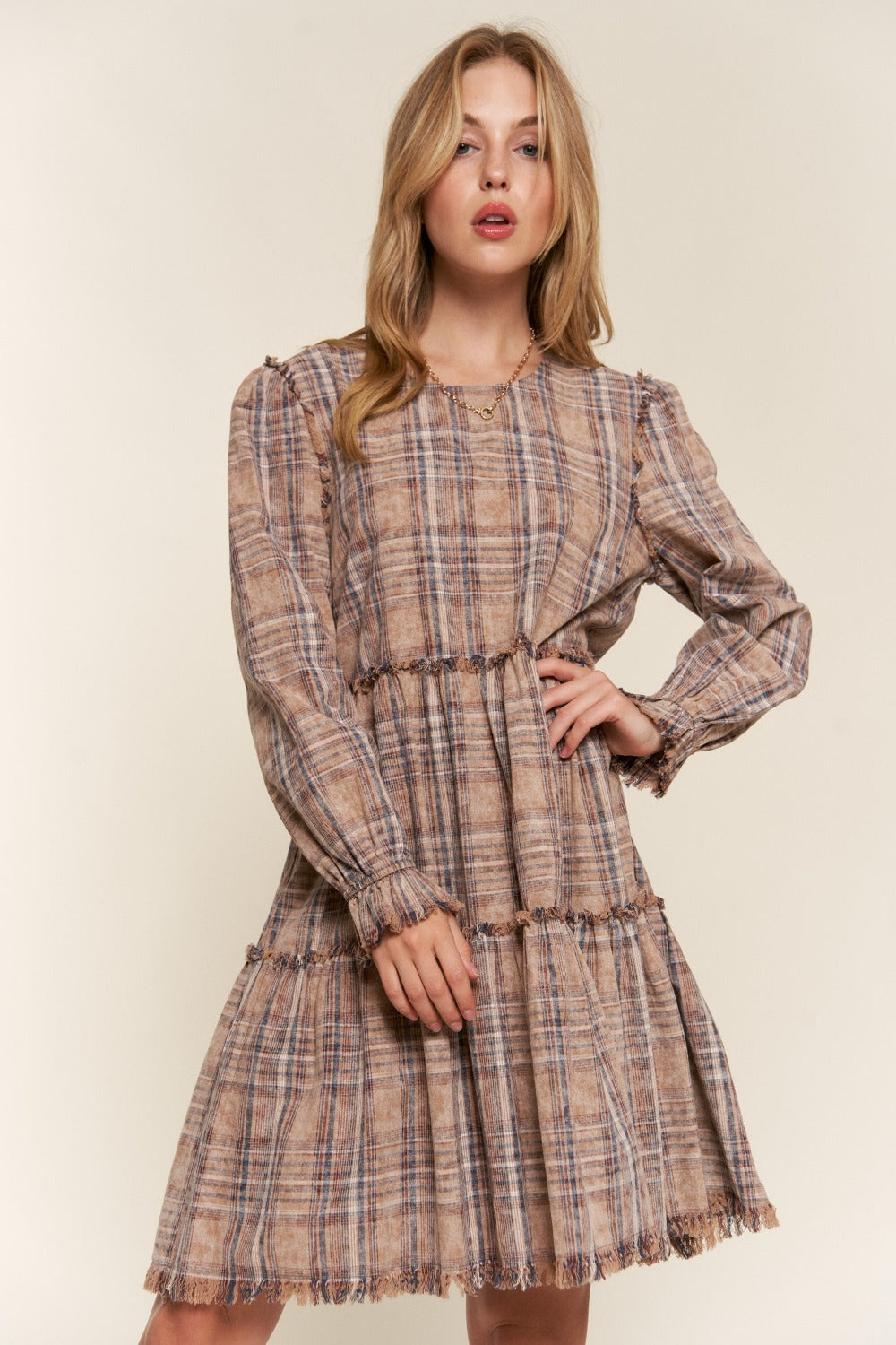 Andrea Washed Frayed Tiered Plaid Dress