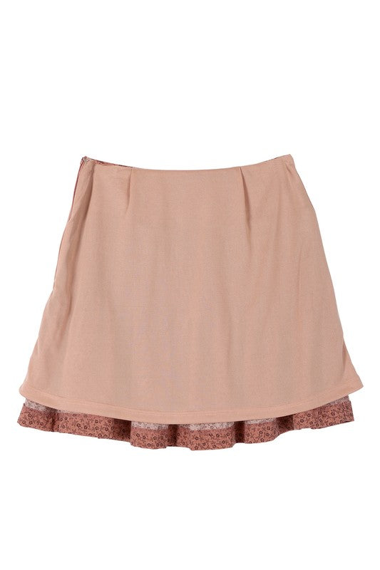 Brown floral smocked skirt with pleats, side zipper, and lining for coverage.