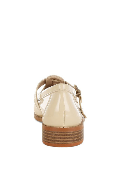 Beige Swenson Mary Jane Loafers back view, glossy patent pleather with low block heel and cushioned insole
