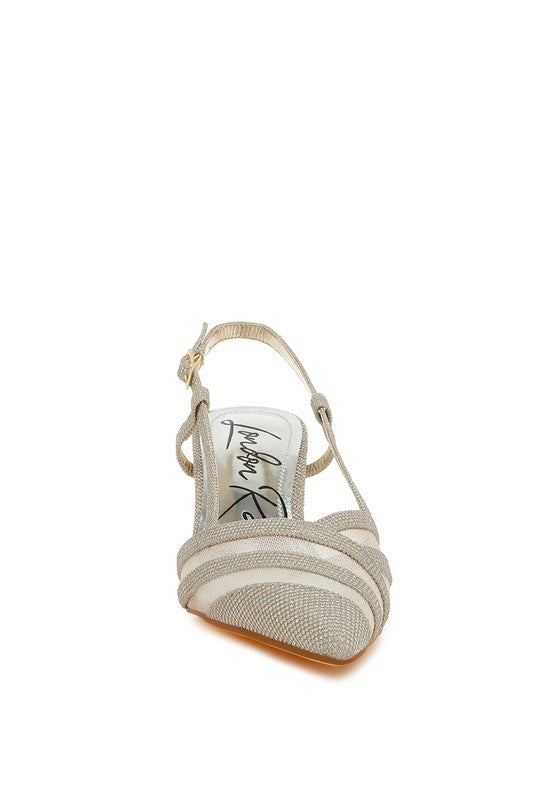 Front view of Gold Daldra Kitten Heel Slingback Sandals showing pointed toe and glitter finish