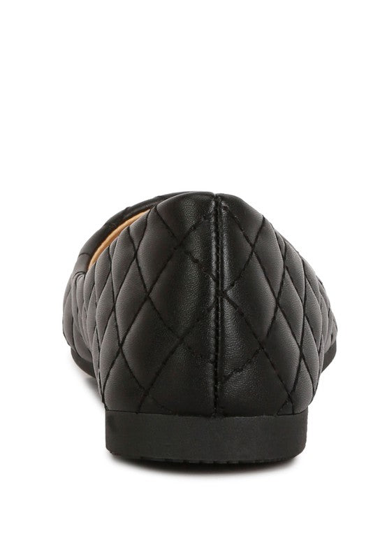 Back view of black quilted ballet flats with cushioned insole detail.