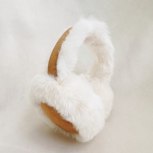 Snow Bunny Foldable Earmuffs in camel with plush white faux fur and foldable design