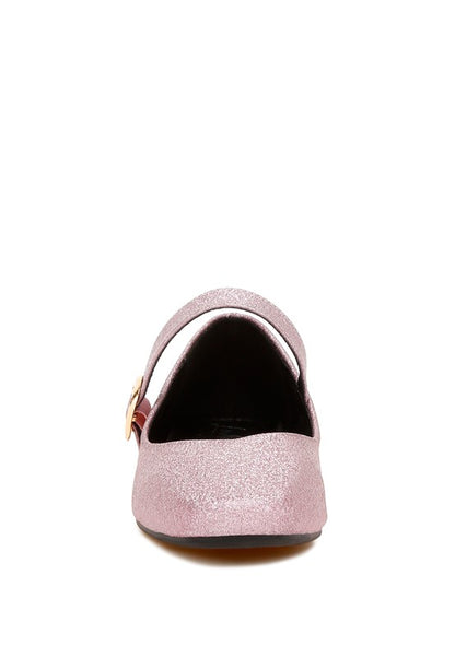 Front view of pink glitter ballerinas with square toe and shimmering finish.