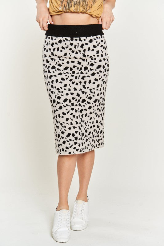 Kilah Animal Print Sweater Skirt front view with high waist and midi length.