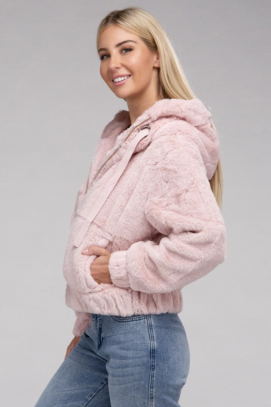 Cropped mauve zip-up fluffy teddy hoodie with a drawstring hood, long sleeves, and front pockets.