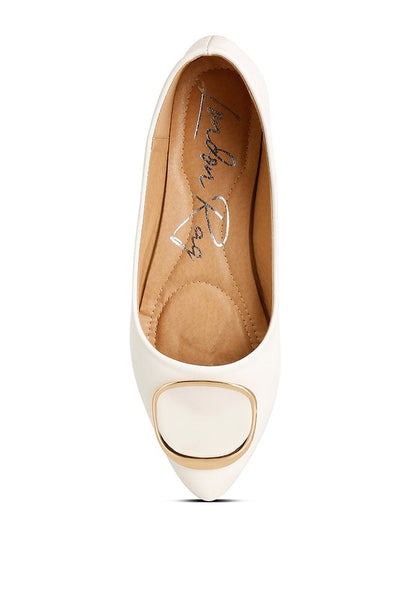 Top view of white ballet flats with cushioned insole and brooch accent