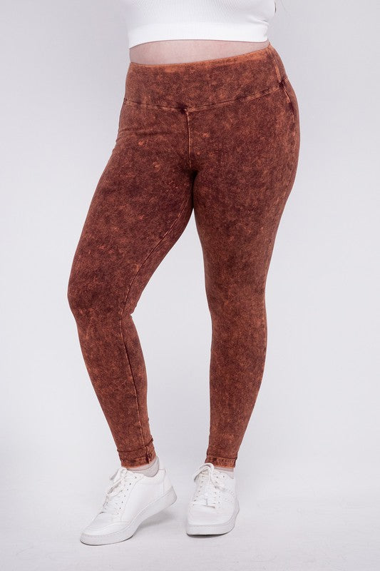 Stretchy Persimmon colored, mineral washed, full-length leggings with a wide waistband.