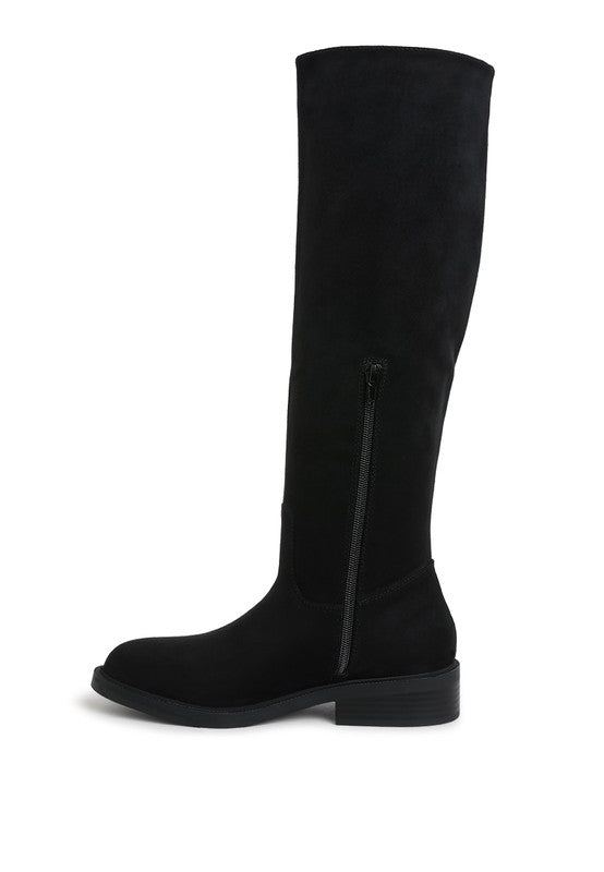 Chiru Round Toe Microfiber Calf Boots black side view with zipper and block heel