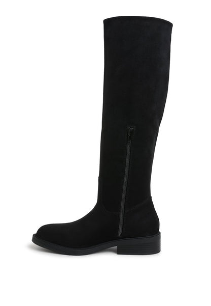 Chiru Round Toe Microfiber Calf Boots black side view with zipper and block heel
