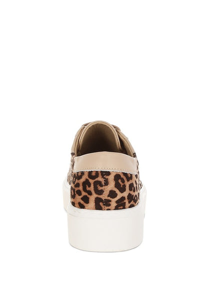 Heel view of beige leopard print studded sneakers.