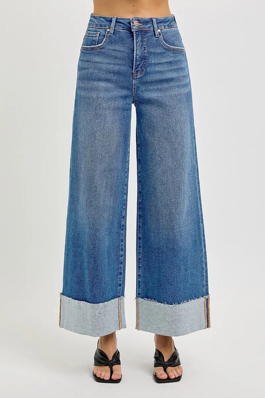 Sylvi Wide Cuff Cropped Jeans in medium wash with tummy control and high rise zip fly.