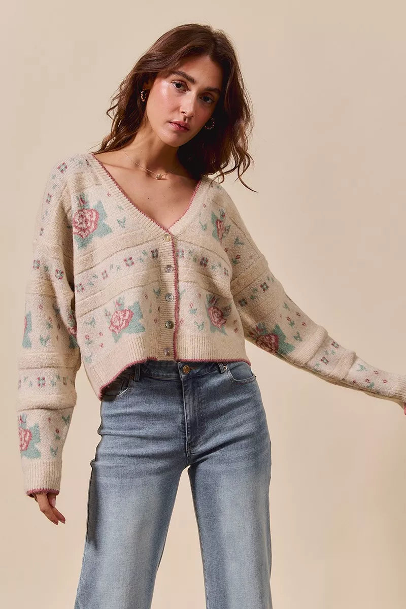 Sonny Floral Pattern Beige Cardigan – Front view with V-neck button closure.