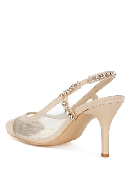 Beige Yaga Slingback Stilettos back angle view showing stiletto heel and embellished strap