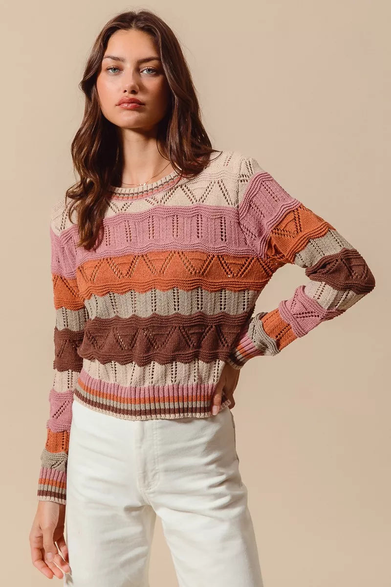 Nina Multi Color Wavy Stripe Sweater Top displaying colorful pattern and soft knit.