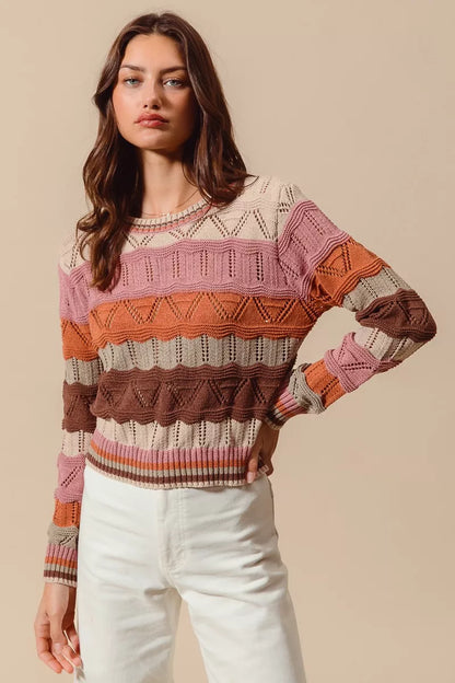 Nina Multi Color Wavy Stripe Sweater Top displaying colorful pattern and soft knit.