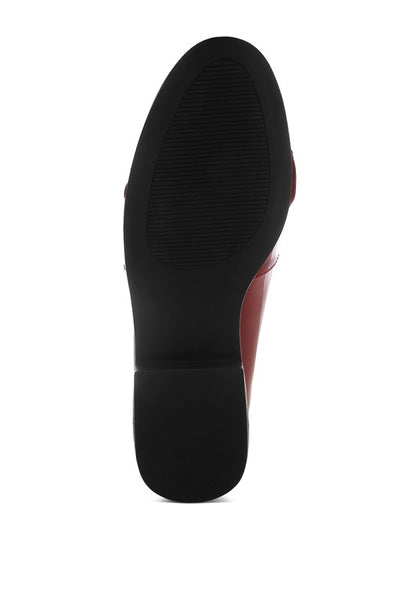 Bottom sole view of Araminta Classic Chunky Bow Loafers in Burgundy with non-slip rubber sole