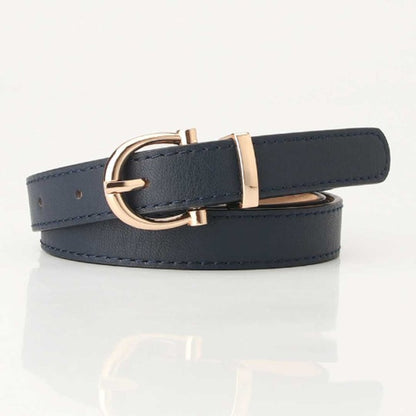 Tally Vegan Leather Belt in navy with gold-plated buckle and slim silhouette