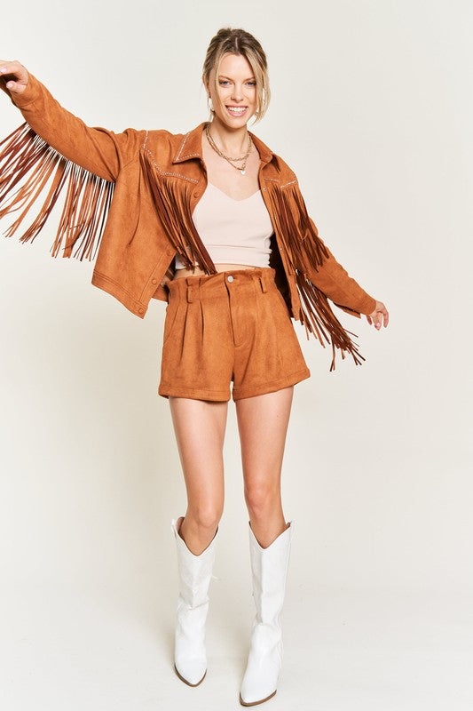 Oakley Plus Size Suede Fringe Jacket camel full body outfit styled with white western boots