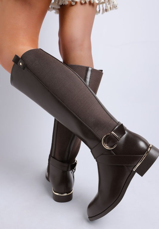 Snowd Riding Boot woman wearing brown knee high boots back and side view with buckle detail