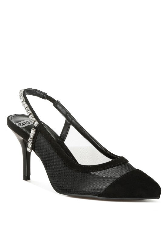 Black Yaga Slingback Stilettos featuring pointed toe, mesh vamp, and cushioned insole