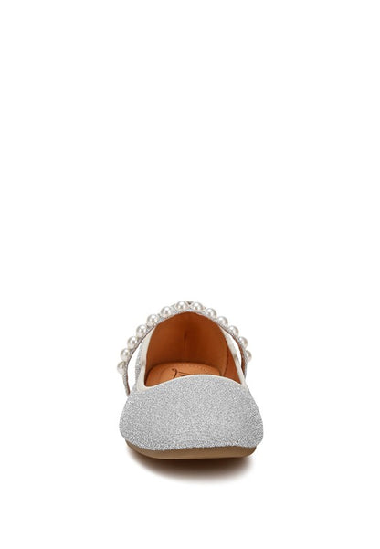 Front view of silver Corphee Pearl Strapped Glitter Ballerinas with glitter finish and pearl strap detail.