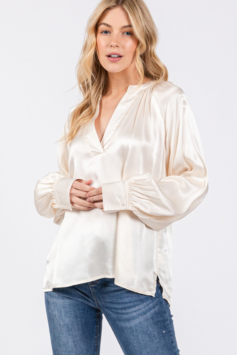 Demsy Notched Long Sleeve Blouse In Ivory