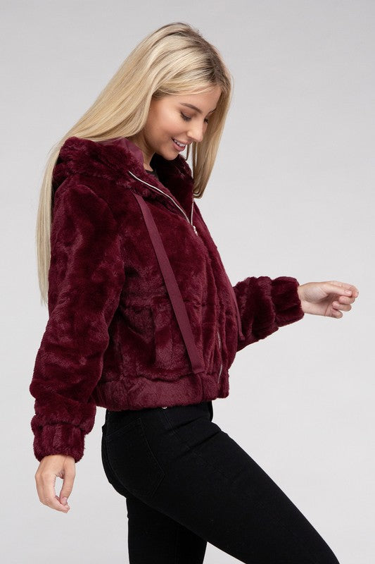 Cropped Burgundy zip-up fluffy teddy hoodie with a drawstring hood, long sleeves, and front pockets.