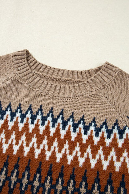 Close-up of Aztec knit pattern on Eva Crew Neck Sweater fabric.