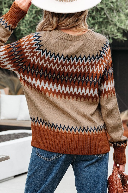 Back view of Eva Aztec Crew Neck Sweater showing full pattern.