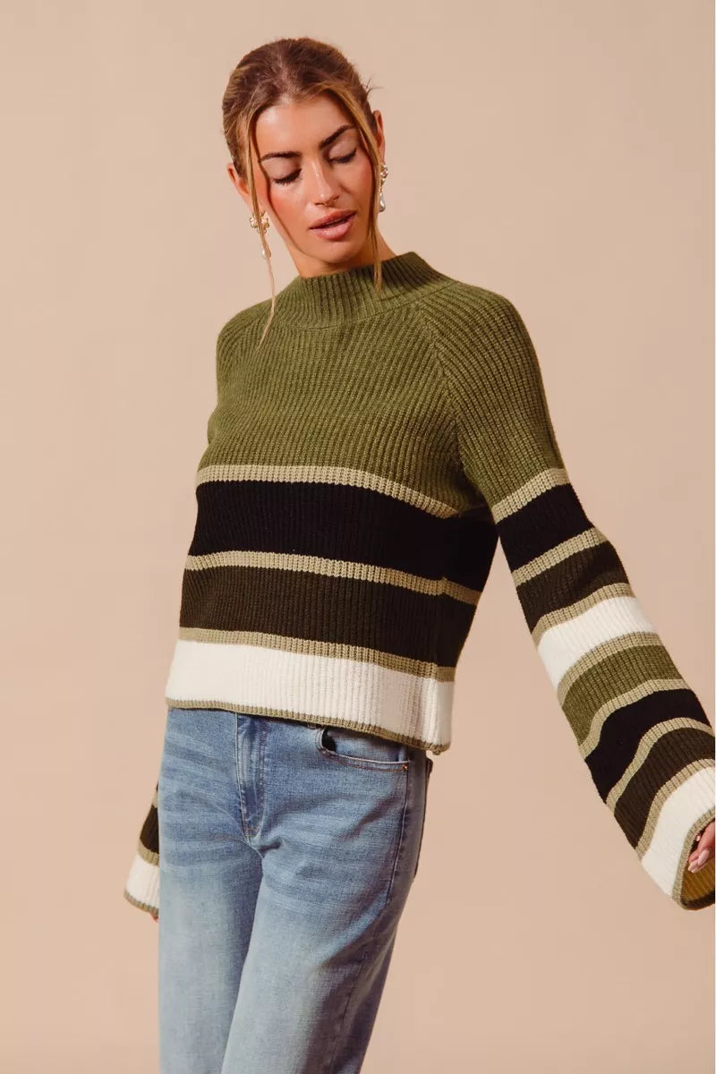 Olive multi striped sweater with long sleeves and modern mock neck.