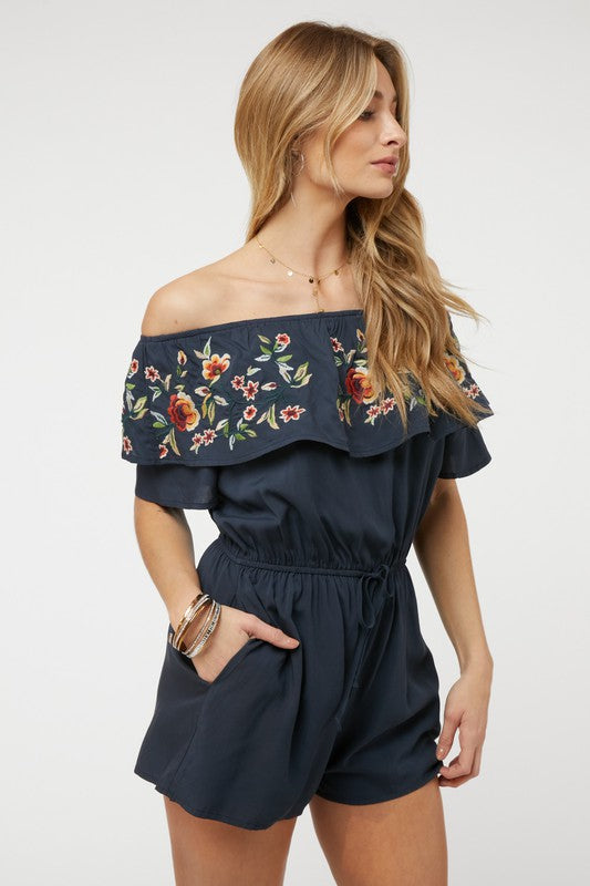 Kenzy Floral Embroidered Off Shoulder Romper