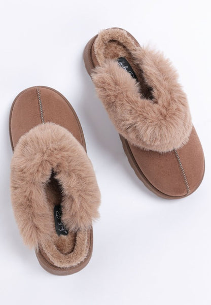 Brown Portho Faux Fur Slip Ons with flatform heel and soft faux fur trim for cozy style.