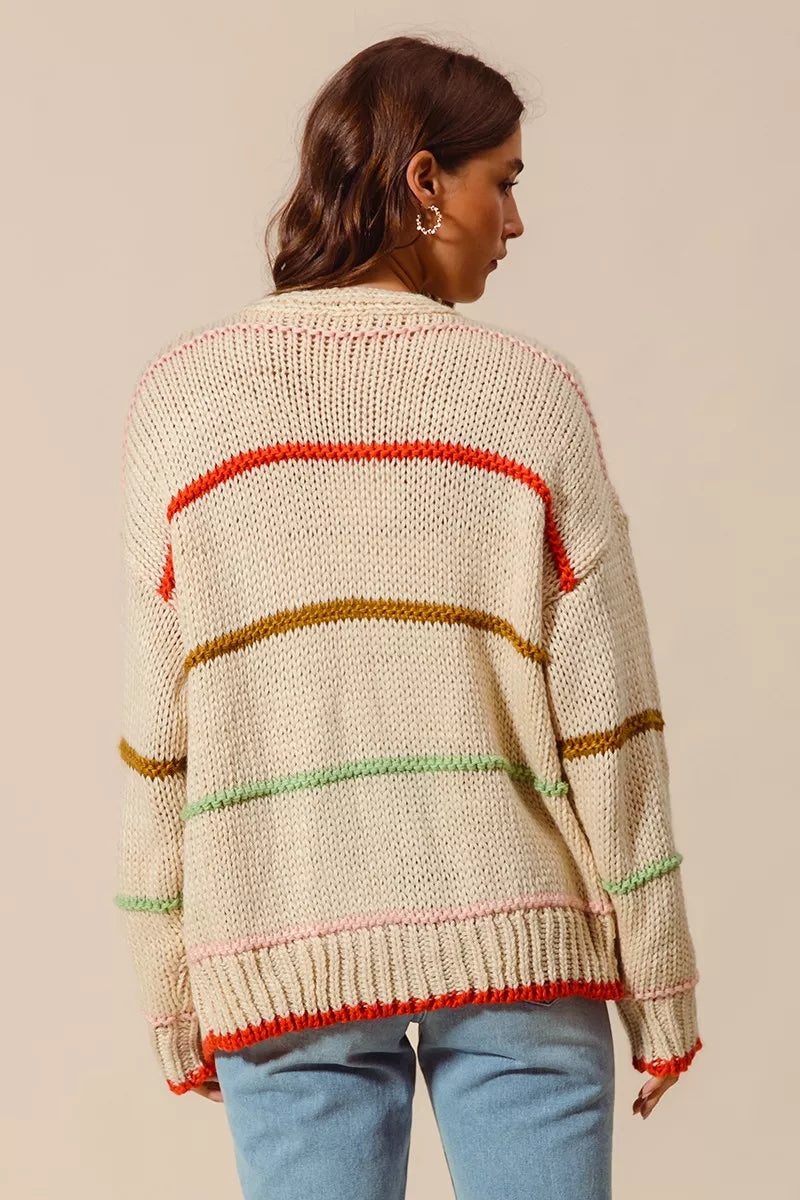 Back view of Angelina Cardigan showing cream knit with horizontal multicolor stripes.