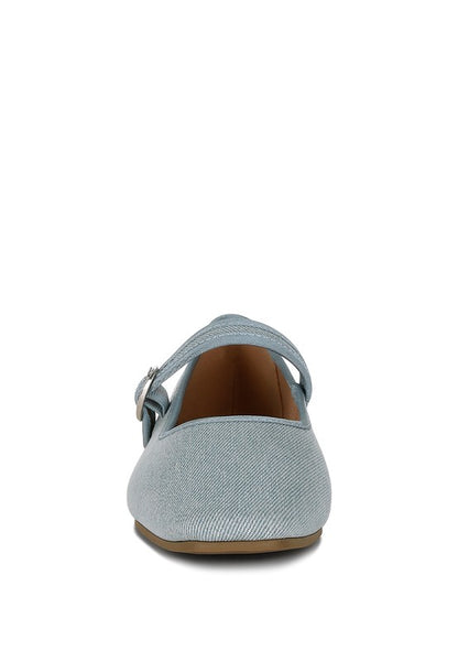 Iker Denim Ballerinas - Pin Buckle, Cushioned Insole, Flat Heel