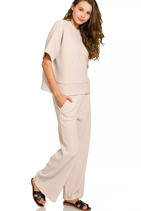 Tori Ribbed Round Neck Tee & Pants Set Sand Beige side angle, casual ribbed texture.