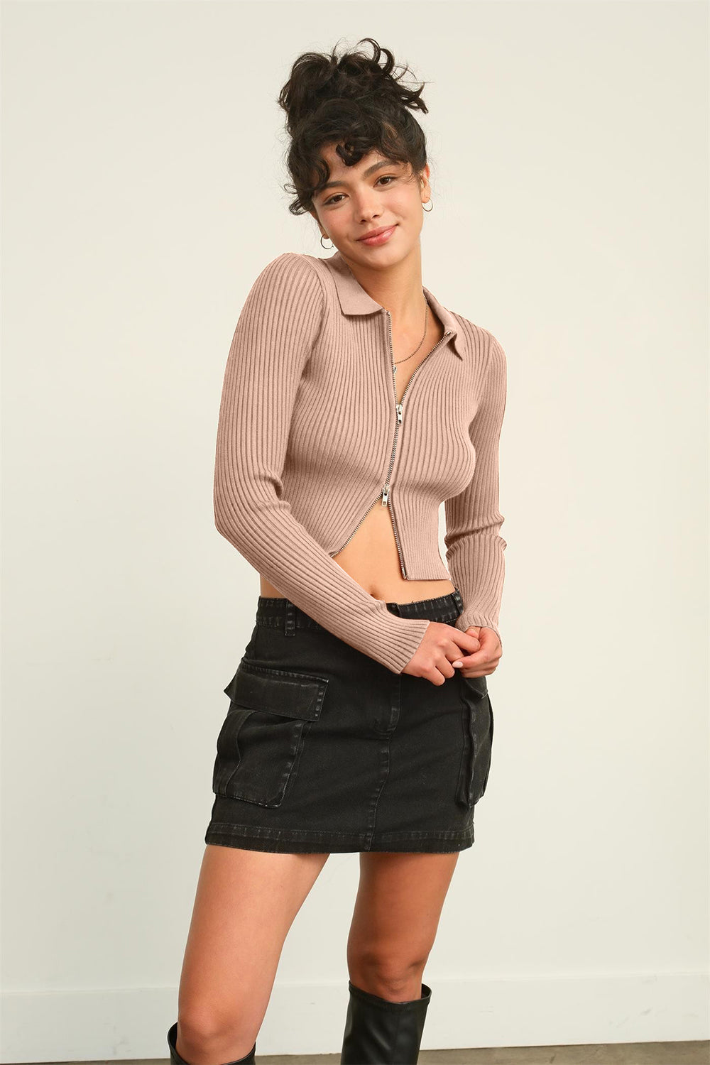 Women's taupe ribbed sweater with a collared neckline, long sleeves, cropped length, and a zipper closure.