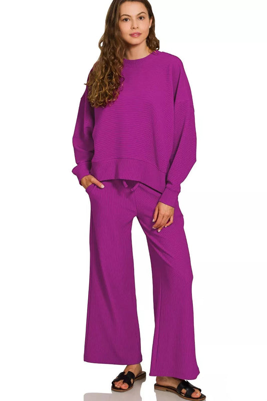 Jenny Ribbed Light Plum Pullover and Pants Set front full body view.