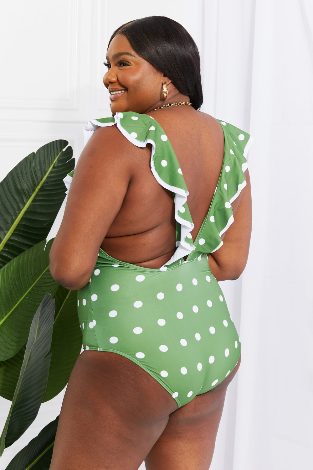 Moonlit Dip Ruffle Plunge Swimsuit in Mid Green By Marina West Swim