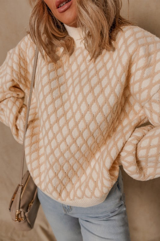 Ximena Rhombus Textured Knit Sweater in beige with diamond pattern and relaxed silhouette.