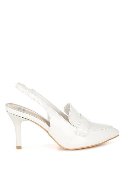 Side view of White Voisin Slingback Loafer Heels with 3-inch stiletto heel and pointed toe.