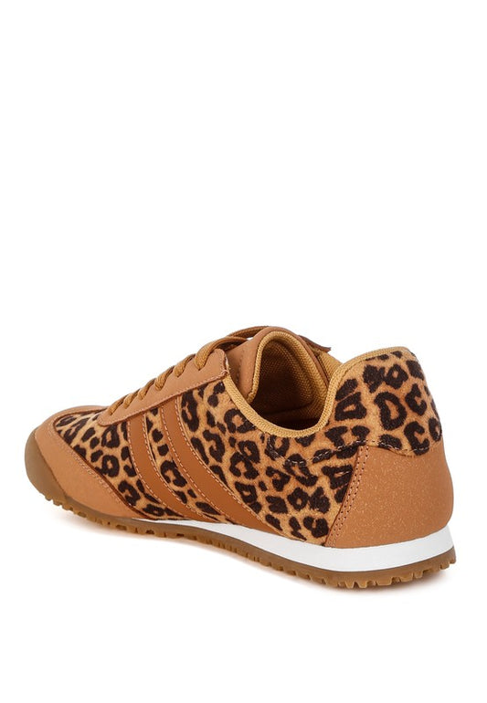 Back view of leopard print sneakers with flat heel and faux leather finish