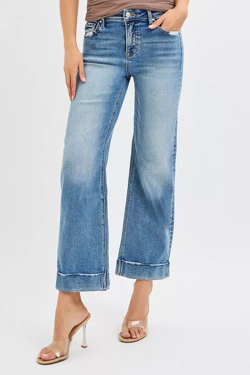 Sammy Mid Rise Crop Straight Jeans Risen Medium Wash front view with raw hem detail.