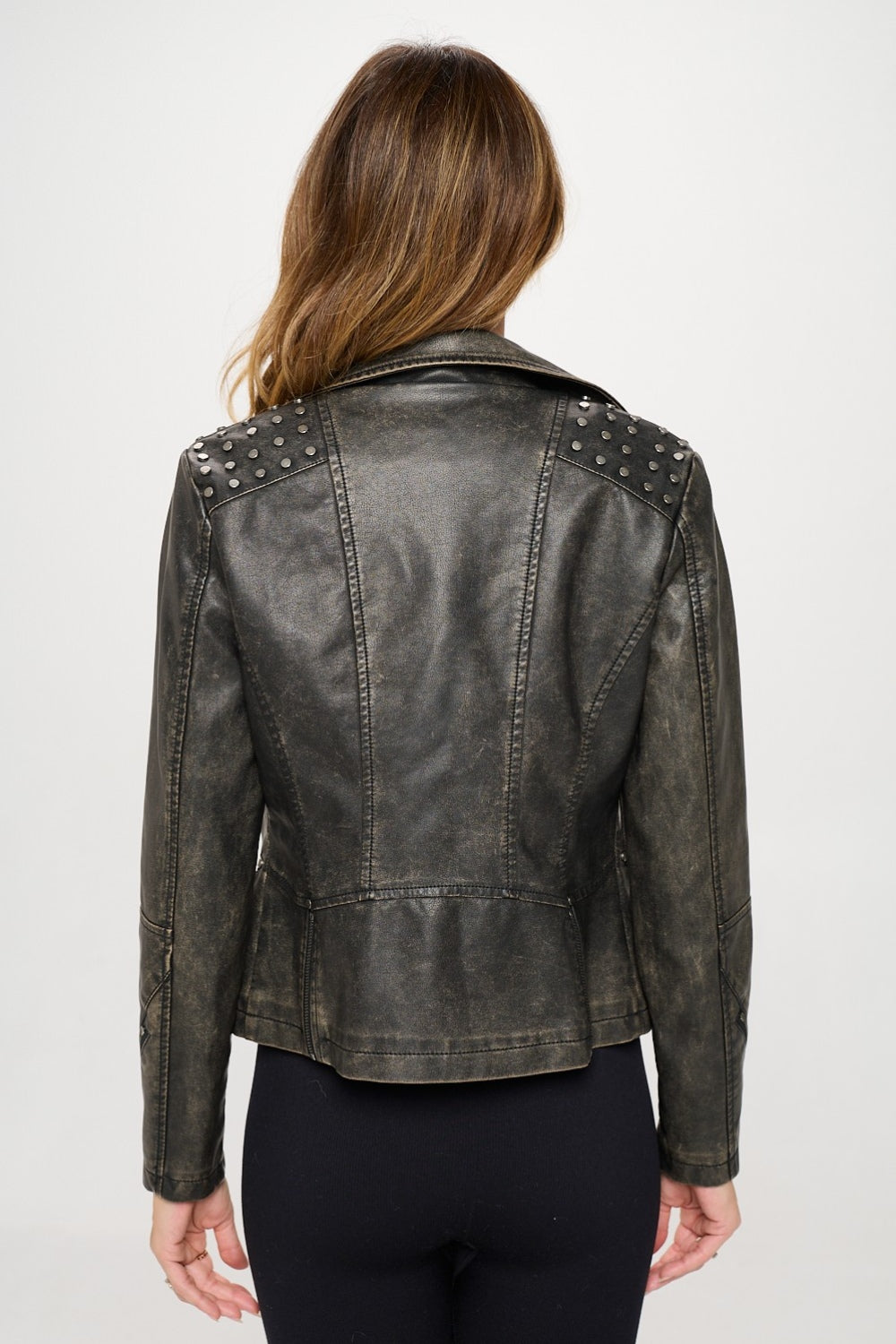 Tess Studded Classic Moto Faux Leather Jacket In Brown