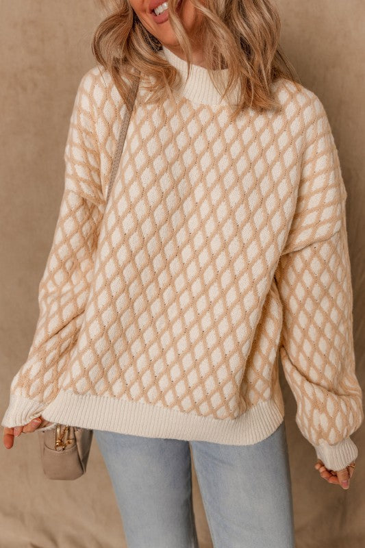 Ximena Rhombus Textured Knit Sweater in beige with relaxed fit and mock neck.