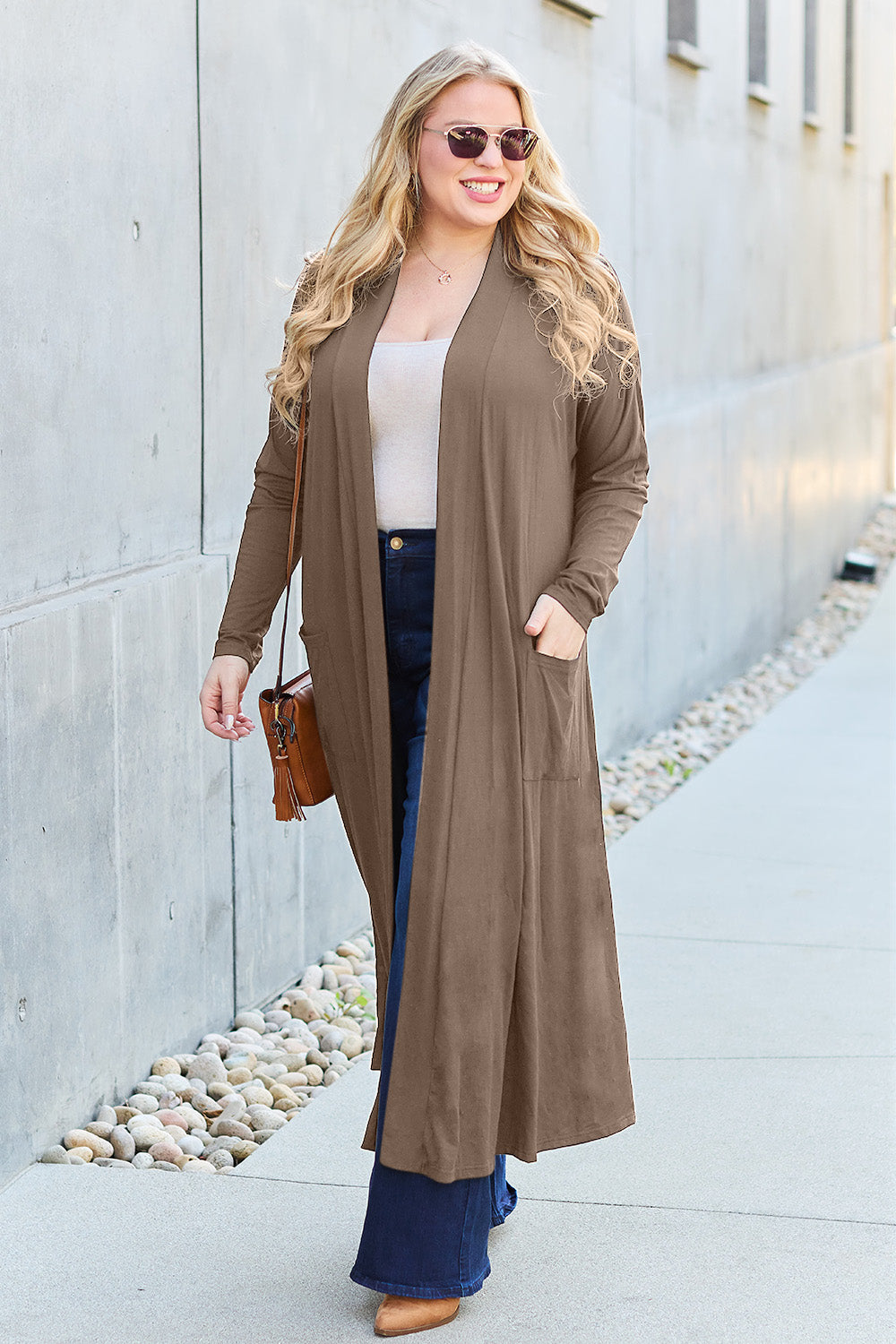 Mocha open-front long-sleeve cover-up with a flowy design and pockets, perfect for layering on breezy days.